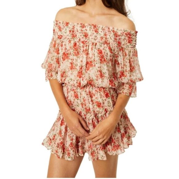 MISA Darla Dress Small Red Floral Ruffle Mini Off Shoulder Poppy Floral - Picture 2 of 11